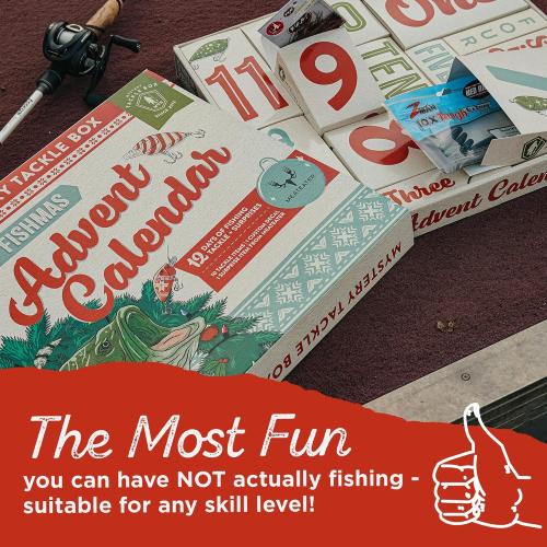 Mystery Tackle Box 12 Days of Fishmas Advent Calendar – Bass Fishing Lure Gift Set with 35 baits & lures including 10 Premium Baits, Holiday Decal & Meateater Trivia Pack
