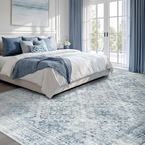 MIULEE 8x10 Vintage Washable Area Rugs Living Room Rug Low Pile Boho Farmhouse Floor Mat for Bedroom Dining Room Under Kitchen Table, Non-Slip Stain Resistant Soft Large Carpet for Home Decor, Blue