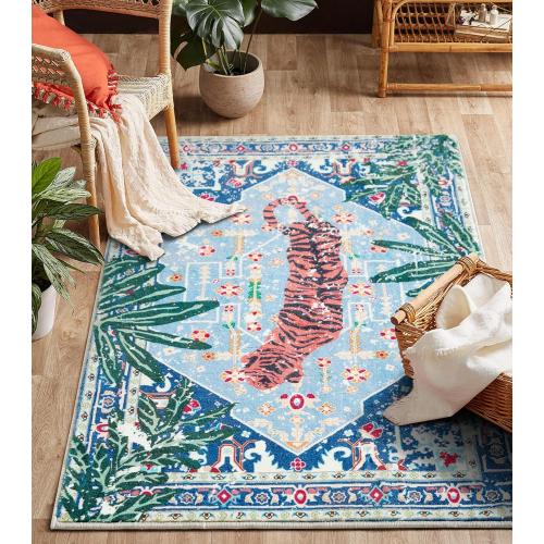 Washable Blue Rugs Thin Oriental Boho Vintage Tropical Jungle 9x12 Area Rugs for Bedroom Kitchen Dining Living Room Office Distressed Indoor Large Carpet