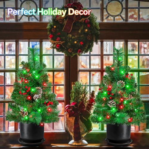 Outdoor Pathway Christmas Trees, 2-Pack 28.5Inch RGB Color Changing Pre-Lit Smart Artificial Pine Tree with Cones, Remote&App Control, Outdoor Christmas Decorations for Porch Yard Walkway