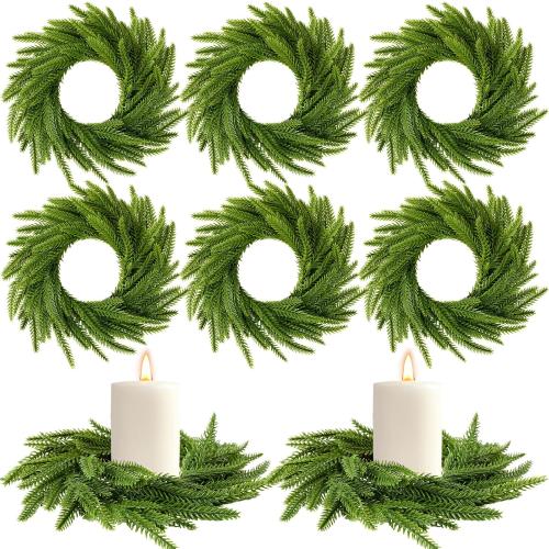 Dingion 12 Pcs Christmas Norfolk Pine Candle Ring Wreaths 6 Inch Small Christmas Wreath Garland Artificial Green Pine Ornaments Xmas Table Centerpiece for Wedding Farmhouse Home Cabinets Window Decor