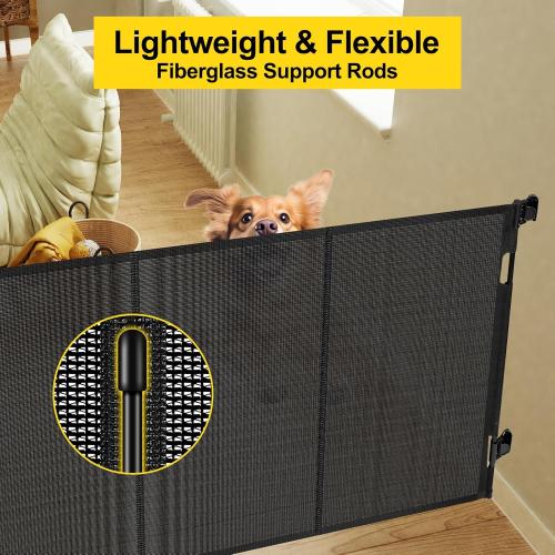 Reinforced 42” Extra Tall Retractable Baby Gates with Rods, Extends up to 60” Wide, Tall Retractable Dog Gate for Doorways Prevent Crawling Through Mesh Pet Gate Indoor Outdoor, Black