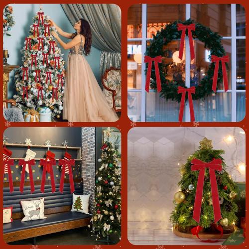15Pcs Red Velvet Ribbon Bows for Christmas Tree 5in x 10in x 1in Vintage Rustic Velvet Bows Xmas Ornaments for Christmastree Wreath Garland Party Decor (Red)