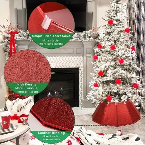 Fabric Christmas Tree Collar, Glittering Tree Ring, Willow Tree Skirt for Christmas Decorations (Glitter Red)