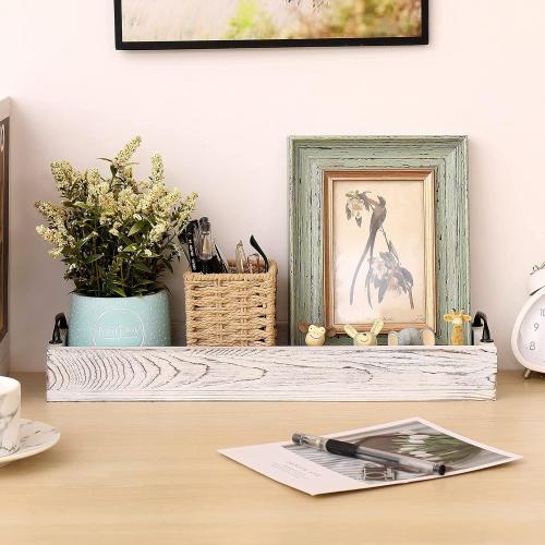 Rustic Wooden Serving Trays Rectangular with Handle,Ottoman Tray for Living Room 16 Inch Long for Serving Wine(whitewashed)