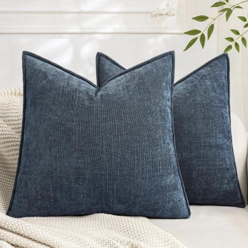 Set of 2 Soft Textured Decorative Throw Pillow Covers 16x16 Inch Cozy Farmhouse Cushion Cover Square Accent Pillow Cases for Bed Couch Sofa Living Room, Grey Blue