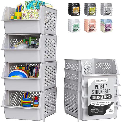 TidyFriend Stackable Storage Bins for Pantry, 4 Pack Stackable Bins For Organizing Food, Kitchen, and Bathroom Essentials (Light Grey)