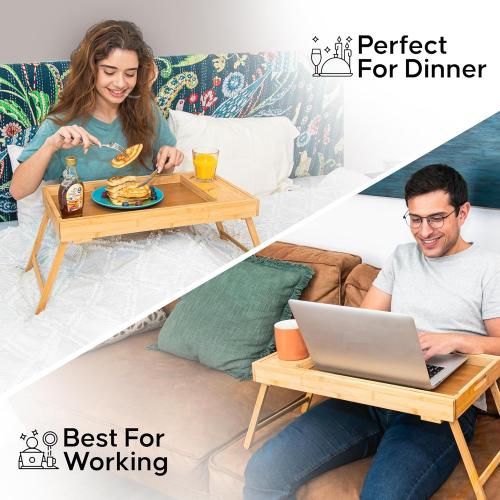 Breakfast Bed Table Tray for Two - One Piece, Dual Use Couple Bed Tray with Cup recesses - Food Trays for Eating on Couch, Space Saving Breakfast Table - Gift Ready - Acacia Wood