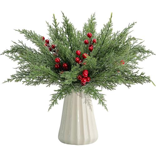 60 Pcs/Set Christmas 3D Artificial Pine Branches- 12.5 Inch Faux Evergreen Cedar Sprigs Branches- Fake Foliage Pine Needles Picks with Artificial Red Berry Stems for DIY Christmas Decoration