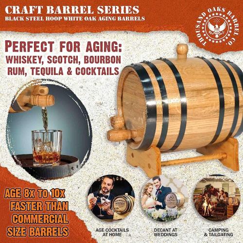 1 Liter Oak Aging Barrel with Wood Stand, Bung & Spigot - Mini Whiskey Barrels for The Home Alcohol Distiller, Moonshiner & Winemaker - Age Cocktails, Bourbon, Whisky, Tequila, Rum, Mead Wine (1L)