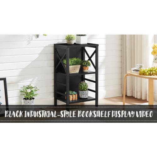 Black L15.7* W11.8 * H27.6  Small Bookcase,3 Tier Industrial Bookshelf with Metal Frame and Backboard,Low Grey Book Shelf,Book case for Small Spaces,Living Room,Bedroom and Home Office