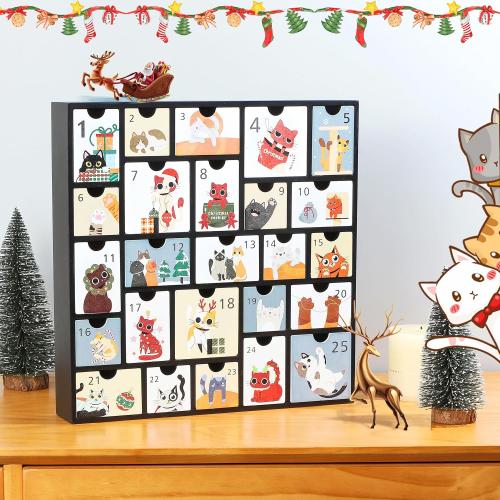 SUNGIFT Wooden Advent Calendar with Drawers - Refillable Christmas Countdown Calendar with Cute Cat Design for Gifts