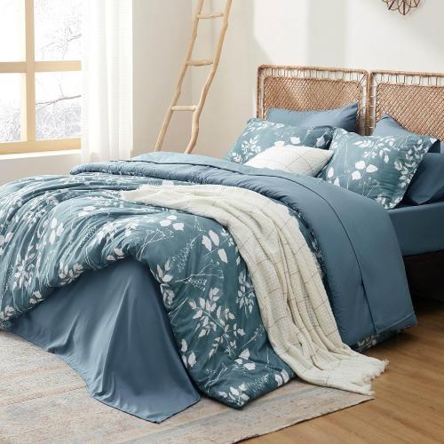 Bedsure Queen Comforter Set - 7 Pieces Floral Mineral Blue Soft Bedding Sets, Queen Bed in a Bag with Botanical Flowers Comforter, Sheets, Pillowcases & Shams