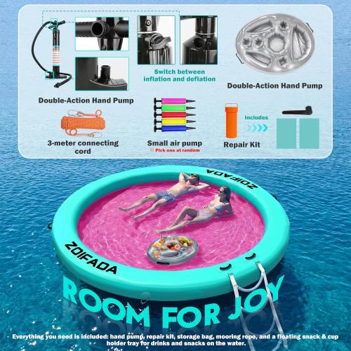 Inflatable Water Hammock Round Floating Ring,8/10/12FT Heavy Duty Pool Float for Adults,Inflatable Tanning Pool Float Island Dock for Lake/River/Ocean,w/Cup Holder,10FT&12FT Include 4-Step Soft Ladder
