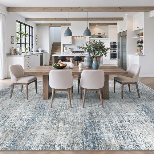 9x12 Washable Rug for Living Room - Abstract Large Rugs for Bedroom, Indoor Non-Slip Soft Carpet,Blue Gray