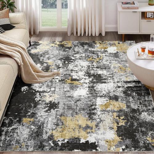 Washable Rug 8x10 Area Rugs for Living Room: Modern Abstract Neutral Soft Carpet for Bedroom Dining Room Under Kitchen Table Home Office Decor - Black Gold