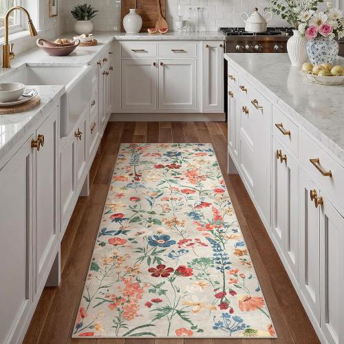 Floral Runner Rug Washable Hallway Long Beige Bedroom Carpet Non Slip Indoor Boho Kitchen Low Pile Accent Rug Lightweight Soft for Bathroom Dining Laundry Living Room