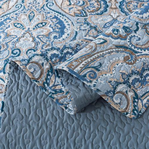 Blue and Brown Cotton Bedspread Quilt Sets-Reversible Patchwork Coverlet Set, Floral Pattern