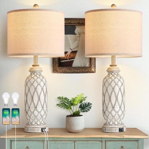28 Table Lamps for Living Room Set of 2, Farmhouse Lamps for Bedroom with USB A C Charging Ports, Touch Lamps for Nightstand, 2 Bulbs Included