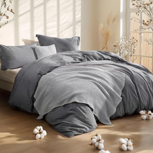 Size Full Color Grey Bedsure 5 PCS Cotton Comforter Set with Waffle Throw Blanket - Soft Breathable Bedding Set for All Seasons, Dark Grey Comforter Full Size, Pillow Shams, Grey 100% Cotton Blanket, Throw Pillow