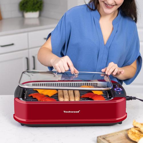 Indoor Smokeless Grill, Techwood 1500W Electric BBQ Grill with Temperature Control, Korean Grill Removable Non-Stick Grill & Griddle Plates, Tempered Glass Lid, Red‼️missing handle on the lid‼️