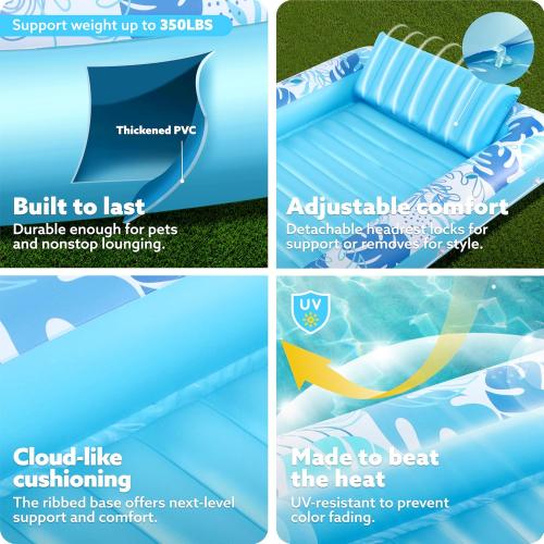 SLOOSH Inflatable Tanning Pool Lounger Float, 85 x 57 Extra Large Pool Floats Adult with Pillow, 4 in 1 Suntan Tub Raft Floatie,Sunbathing Bed Lounge for Water Blow Up Ball Pit Party Gifts, XL-Blue