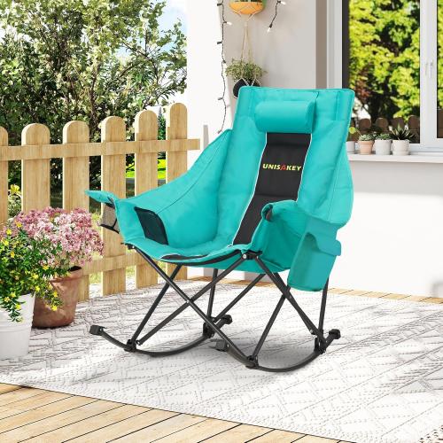 Unisakey Oversized Rocking Camping Chair with Headrest & Cup Holder - 300lbs Capacity, 600D Oxford Fabric, Easy Fold Portable Outdoor Rocker Chair for Camping, Backyard, Beach, Blackgreen