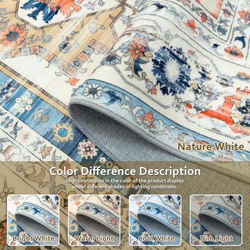 DriftAway Area Rug 5x7 Washable Rugs for Living Room Non Slip Rubber Backing Low Pile Non Shedding Carpet Friendly Boho Foldable Vintage Rugs for Bedroom Dining Room Beige Dark Blue Orange