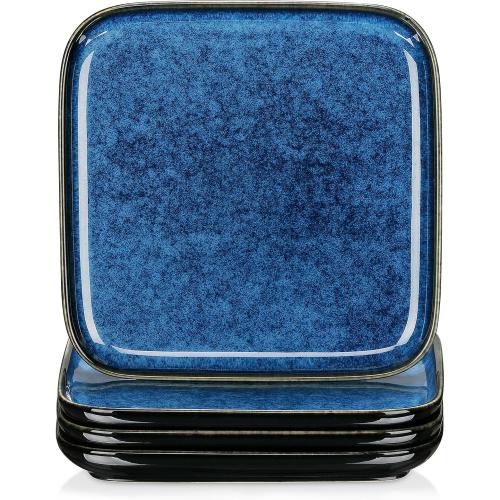 vancasso Stern Square Dinner Plates Set of 4, 7.5 Inch Dessert Plates, Reactive Change Glaze Blue Serving Pasta Salad Plate Dish, Scratch Resistant