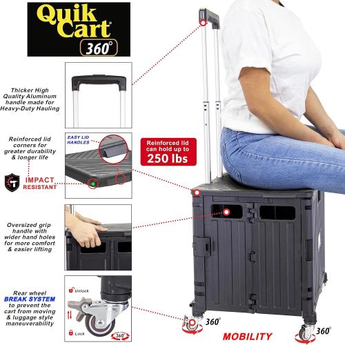 dbest products Quik Cart 360 Four Wheeled Rolling Crate Teacher Utility with seat Heavy Duty Collapsible Basket with Handle, Black