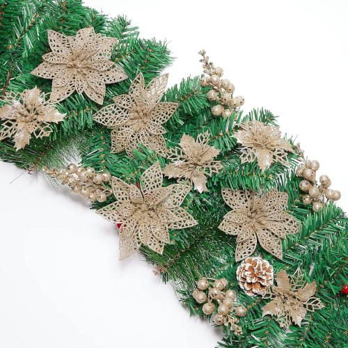 Zhuqing 22Pcs Christmas Poinsettia Artificial Flowers and Glitter Berries Stems Kit, 16Pcs Christmas Tree Flowers Ornaments and 6 Pack Christmas Tree Picks for Wedding Holiday Decorations (Champagne)