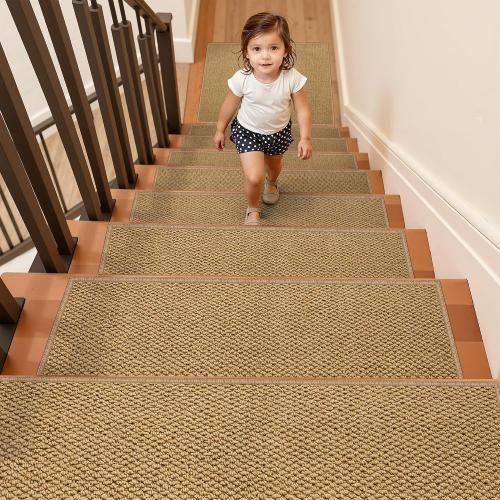 15PCS Non-Slip Stair Treads - 8x30 Edging Stair Treads for Wooden Steps Washable Peel and Stick Indoor Stairs Tread Rug Stain Resistant Staircase Mat for Kids and Pets(15pc, Brown)