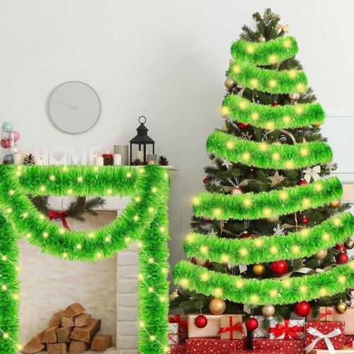 33ft Christmas Tinsel Garland with LED Lights, Lime Green Metallic Foil Glitter Garland & Matching Lights Set for Xmas Tree, Home, Stairs, Indoor Outdoor Party Decor