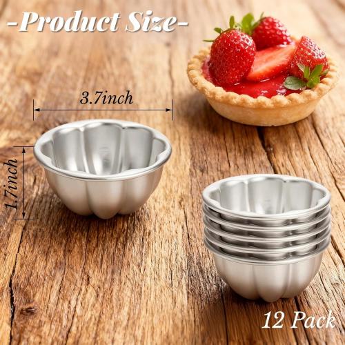 12 Pack Egg Tart Molds, Aluminum Alloy Pudding Jelly Molds, Reusable Cake Tartlets, Cupcake and Muffin Cups for Baking, Flower Shape, Non-sticky