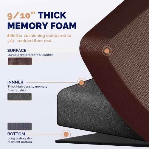 FEATOL Anti Fatigue Mat Floor Mat, Extra Thick Standing Office Desk Mat Memory Foam Cushioned Anti Fatigue Ergonomic Kitchen Mats Comfort Standing Pad NOT PVC 9/10 Inch Thick (20 x 39, Brown)