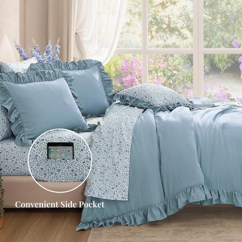 BLOOMHAVEN Oversized Queen Comforter Set - 7 Pieces Ruffle Blue Bedding Sets, Shabby Chic Farmhouse Bed in a Bag with Ruffle Comforter, Floral Sheets, Pillowcases & Shams