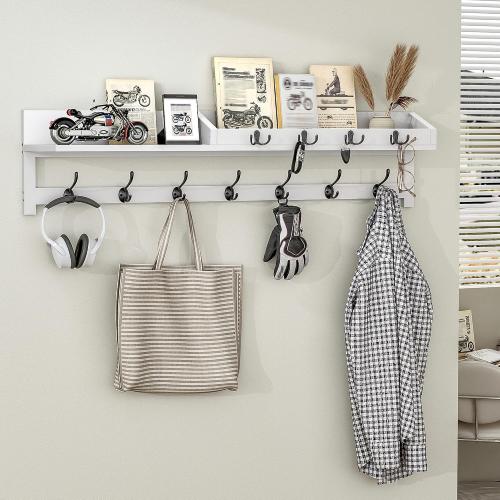 AMBIRD 35 inch Coat Rack Wall Mount, Extra Long Coat Hooks Wall Mount, Entryway Shelf with 7 Dual Coat Hooks 4 Key Hooks Mail Organizer, Wooden Wall Coat Rack with Hooks, Key Holder Rack (White)