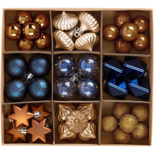 DecorbyHannah Mini Christmas Ornaments, 45ct Small Blue Copper Gold Christmas Tree Decorations, Assorted Tiny Celestial Shatterproof Plastic Decorative Hanging Ball Bulk Set for Xmas Home Table Decor
