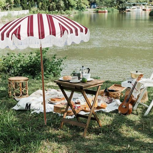 Rayjee 6.5FT Patio Umbrella with Fringe, UV Protection Beach Umbrella with Tilt & Adjustable Height, Includes Carry Bag & Ground Stake, Outdoor Umbrella for Pool, Garden, Backyard