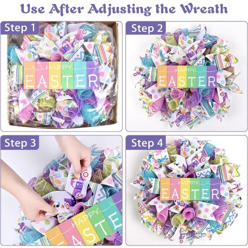 Waipfaru Easter Wreaths for Front Door, 18 Inch Handmade Mesh Bow Spring Wreaths with Wooden “Happy Easter” Sign, for Indoor Outdoor Home Farmhouse Table Mantel Window Wall Decor