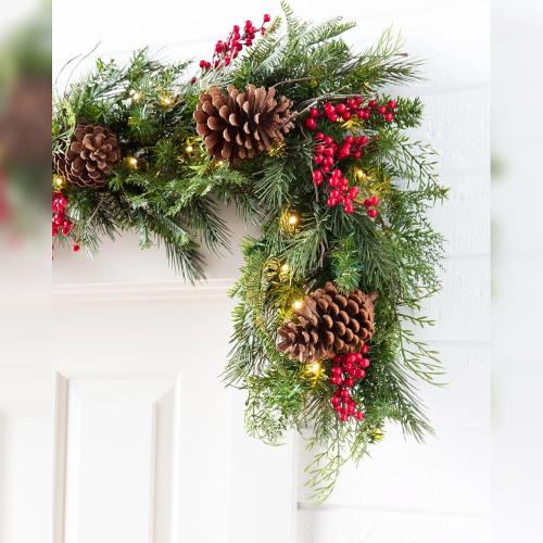 Balsam Hill Outdoor Red Berry Pine Christmas Garland - Fresh Traditional Greenery Garland with Natural Elements & Battery-Operated LED Clear Lights for Indoor and Outdoor Holiday Decorating, 6'