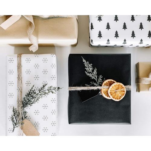 Holiday Kraft Wrapping Paper Set (4 Rolls, 120 sq. ft. total) Black, White, Brown, Christmas Trees, Snowflakes with Cutting Grid Lines on Back