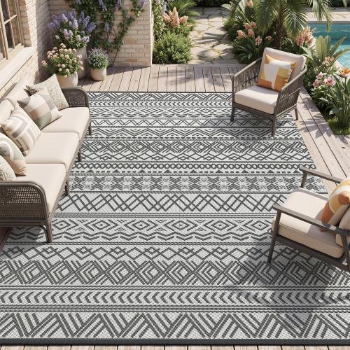 MontVoo Outdoor Rug Carpet Waterproof 5x8 Outdoor Patio Rug Mat Reverisble Plastic Straw Outdoor Rug for RV Camping Picnic Beach Balcony Boho Grey