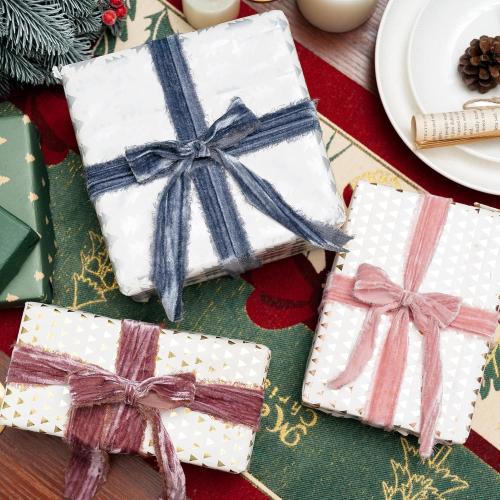 Dusty Blue Velvet Ribbon 1-1/2 Inch x 6 Yd Crinkled Handmade Frayed Vintage Ribbons for Christmas Gift Wrapping Tree Home Decor Wreath Craft Ornaments