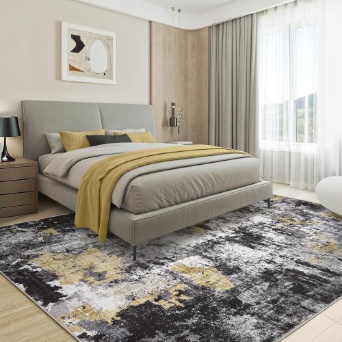 Washable Rug 8x10 Area Rugs for Living Room: Modern Abstract Neutral Soft Carpet for Bedroom Dining Room Under Kitchen Table Home Office Decor - Black Gold