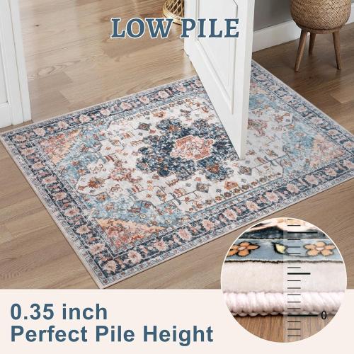 Blue/Beige Tangsoo Vintage Rug 2x3 Washable Rug for Entryway, Non Slip Small, Indoor Front Door, Print Distressed Blue/Beige Door Mat Carpet, Soft Low Pile Rugs for Entrance Kitchen Bedroom Bathroom