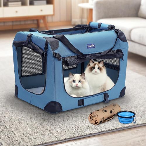 Size 24x17x17 Color Blue Petprsco Portable Collapsible Dog Crate, Travel Dog Crate 24x17x17 with Soft Warm Blanket and Foldable Bowl for Large Cats & Small Dogs Indoor and Outdoor