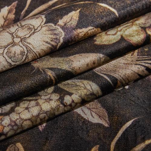 RYB HOME Brown Velvet Curtains Large, Printed Floral Bird Vintage Design Home Decoration Thermal Insulated Room Darkening Drapes for Bedroom Living Room, , 2 Panels