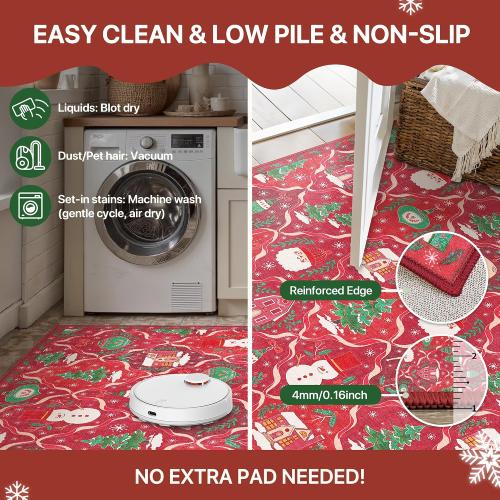 Christmas Area Rug  for Living Room, Washable Rug for Bedroom, Christmas Home Decor, Holiday Print Carpet, Low Pile Non Slip Mat with Rubber Backing, Red Christmas Tale Pattern