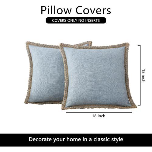 NordECO HOME Set of 2 Farmhouse Throw Pillow Covers - Burlap Linen Trimmed Tailored Edges Decorative Cushion Covers for Bed Home Decoration, 18 x 18, Blue